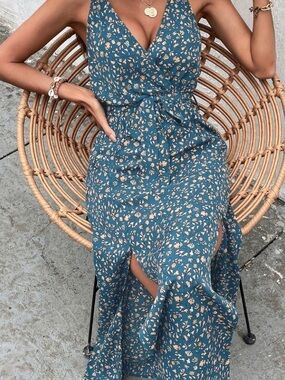 Blue Floral V-Neck Maxi Dress - Spaghetti Strap Wrap Style, Size L Dark Teal